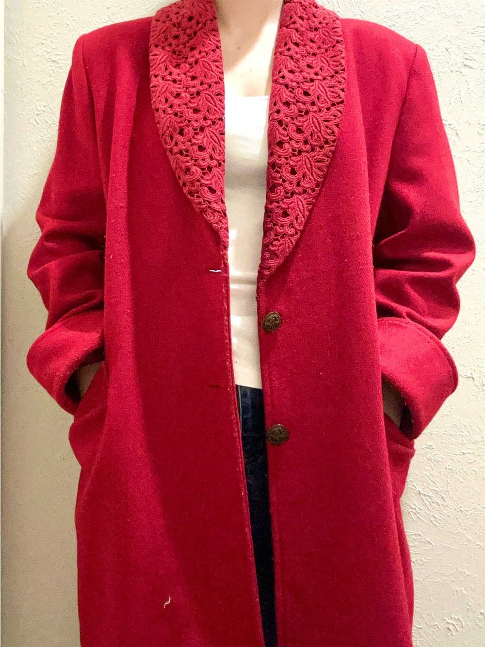 Julia Klein Red Wool Coat with Crochet Trim